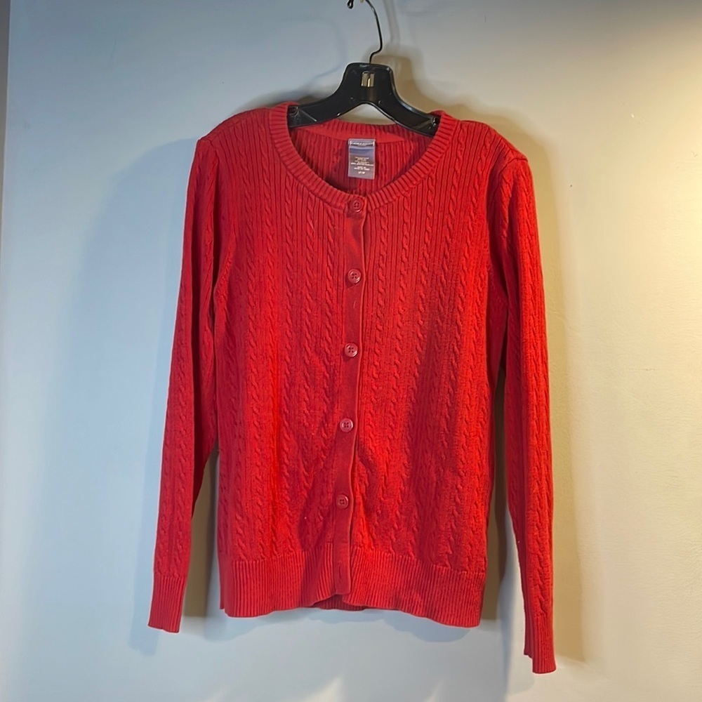 Red cable knit cardigan